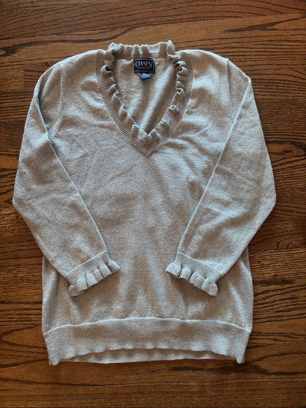 Chaps Women's Cream Ruffle-Trim V-Neck Sweater with Metallic Sparkle